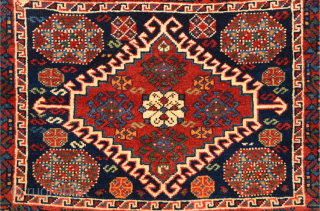 Half of a double bag by the Luri from the Fars area. The design is strongly influenced by Qashqai models, but the coarser weave, with red wool wefts, reveals the Luri origin.  ...