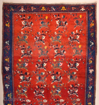 South Caucasian Karabagh Rug. In the Red field, short stems arranged in parallel rows combine into a dense repeat in shades of green, red and pink. Each stem bears a large blossom.  ...