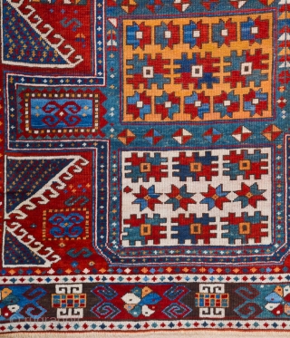 The great age of this red-ground Kazak, with a classic Design with red wefts, and comparatively fine weave,Middle of the 19th Century Caucasian Karatcof Rug It's in Good Condition Size 158 x  ...