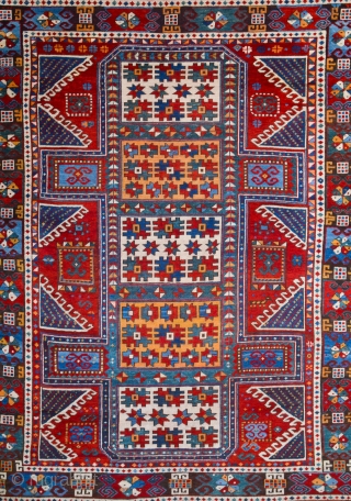 The great age of this red-ground Kazak, with a classic Design with red wefts, and comparatively fine weave,Middle of the 19th Century Caucasian Karatcof Rug It's in Good Condition Size 158 x  ...