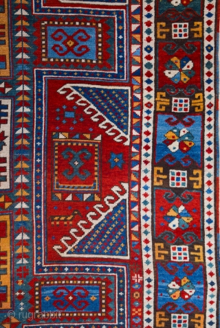 The great age of this red-ground Kazak, with a classic Design with red wefts, and comparatively fine weave,Middle of the 19th Century Caucasian Karatcof Rug It's in Good Condition Size 158 x  ...