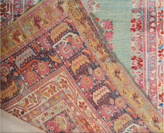 A Colorful Anatolian Prayer Ghordes prayer rug, with a steep triangular gable and a sea-green open field decorated with red carnations along the sides. A dense hyacinth pattern is seen above the  ...