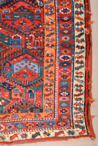 This Middle of the 19th Century Kurdish rug was woven in the mountainous region surrounding Lake Urmia. Items of this kind are known as “Sauj Bulag”, a name that derives from their  ...