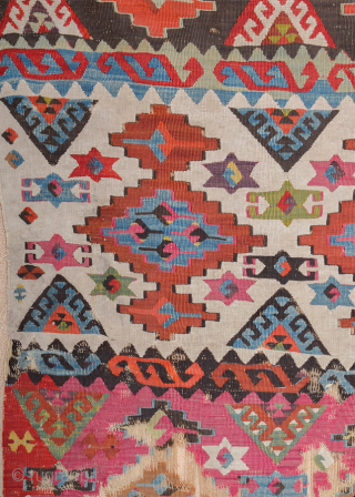 This long, panel kilim was woven by a tribal group of the Reyhanli Confederation in the Gaziantep region. Early 19th Century Anatolian Reyhanlı Kilim Fragment Size 120 x 345 cm All the  ...