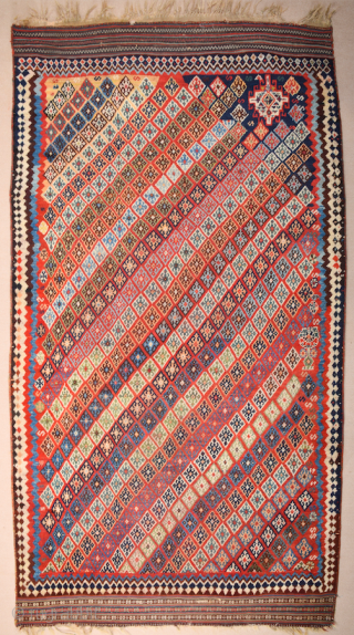 Persian Unusual Qashqai Rug circa 1870 size 145 x 269 cm with kilim ends. We used to see this design on Qashqai kilims but this is something unusual.Rare to see this design  ...