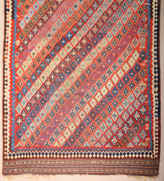 Persian Unusual Qashqai Rug circa 1870 size 145 x 269 cm with kilim ends. We used to see this design on Qashqai kilims but this is something unusual.Rare to see this design  ...