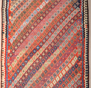 Persian Unusual Qashqai Rug circa 1870 size 145 x 269 cm with kilim ends. We used to see this design on Qashqai kilims but this is something unusual.Rare to see this design  ...