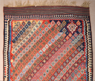 Persian Unusual Qashqai Rug circa 1870 size 145 x 269 cm with kilim ends. We used to see this design on Qashqai kilims but this is something unusual.Rare to see this design  ...