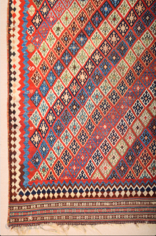 Persian Unusual Qashqai Rug circa 1870 size 145 x 269 cm with kilim ends. We used to see this design on Qashqai kilims but this is something unusual.Rare to see this design  ...