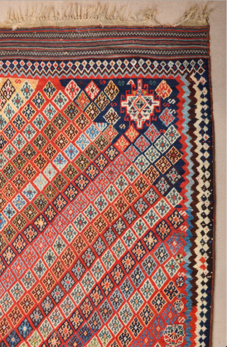 Persian Unusual Qashqai Rug circa 1870 size 145 x 269 cm with kilim ends. We used to see this design on Qashqai kilims but this is something unusual.Rare to see this design  ...