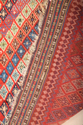 Persian Unusual Qashqai Rug circa 1870 size 145 x 269 cm with kilim ends. We used to see this design on Qashqai kilims but this is something unusual.Rare to see this design  ...