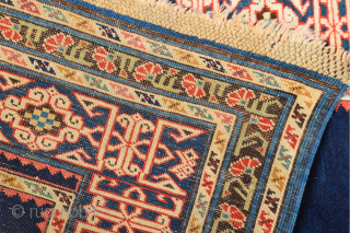 Middle of the 19th Century Shirvan Kuba Rug It has great Blue field ground.In the light blue-ground main border, a pseudo kufi vine encloses star-filled rectangles, their sides decorated with double hooks.It's  ...