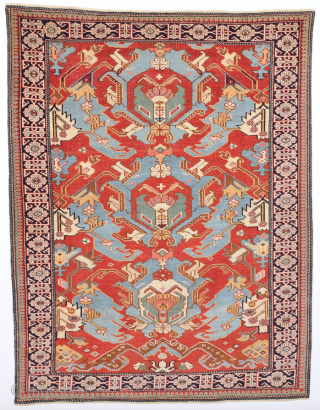 An Important 19th Century Unusual Small Shirvan Kuba Rug With Unusual Dragon Design.It has fine thin qualty.Small Size 96 x 124 Cm.Completely Original And Untouched One.       