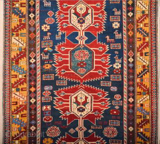 A Small Example Of Shirvan Karagasli Rug.In the Blue field, four large hexagons have been lined up along a pole placed on the central axis, crowned with a serrated palmette at each  ...