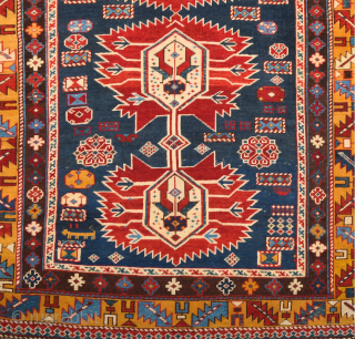 A Small Example Of Shirvan Karagasli Rug.In the Blue field, four large hexagons have been lined up along a pole placed on the central axis, crowned with a serrated palmette at each  ...