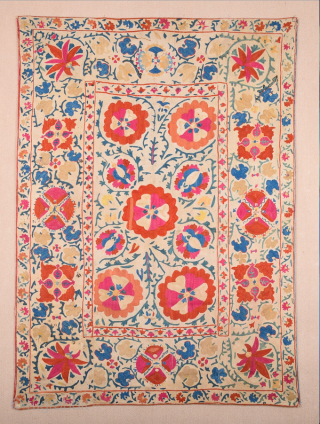 19th Century Uzbekistan Suzani Embroidered Silk ıt's in good condition size 108 x 150 cm It has been relined with plain cotton cloth.          