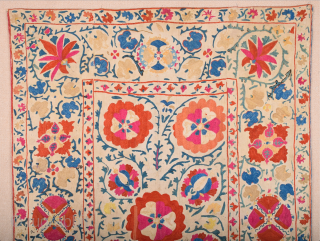 19th Century Uzbekistan Suzani Embroidered Silk ıt's in good condition size 108 x 150 cm It has been relined with plain cotton cloth.          