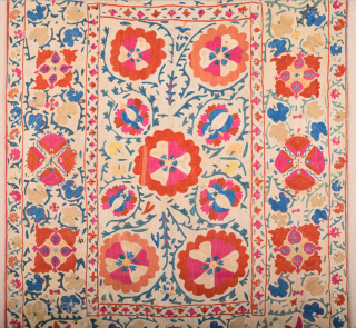 19th Century Uzbekistan Suzani Embroidered Silk ıt's in good condition size 108 x 150 cm It has been relined with plain cotton cloth.          