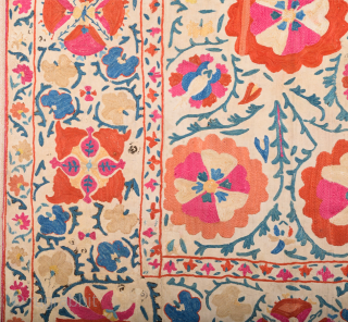 19th Century Uzbekistan Suzani Embroidered Silk ıt's in good condition size 108 x 150 cm It has been relined with plain cotton cloth.          