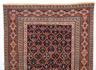 19th Century Unusual Small Shirvan Kuba Rug.With Great Border And It Has Really Good Quality.Thin One.The Ground Is Deep Blue Not Black.It's In Good Condition.Size 110 x 130 Cm
    