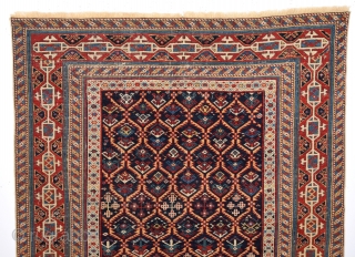 19th Century Unusual Small Shirvan Kuba Rug.With Great Border And It Has Really Good Quality.Thin One.The Ground Is Deep Blue Not Black.It's In Good Condition.Size 110 x 130 Cm
    