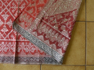 Songket, supplemental weft. Kre Alang, Sumbawa, Silver Thread. 1930 or older. Minor stain (betel?) in one area. (The tiles in the photo are 12" x 12".)       