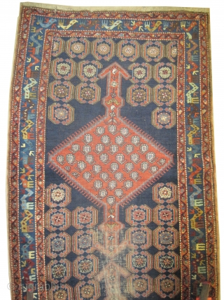 

Meshgin Persian, knotted circa in 1925 antique, 327 x 123 (cm) 10' 9" x 4'  carpet ID: K-4790
The black knots are oxidized, the knots are hand spun wool, the warp and  ...