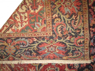 Heriz Persian knotted circa 1915 antique, 340 x 266 cm 
 carpet ID: ERB-1
The black knots are oxidized, the knots are hand spun lamb, the background color is terracotta, the center medallion  ...