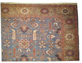 

Bakshaish-Heriz Pesian knotted circa 1920 antique, collectors item, 279 x 216 cm, ID: P-5884
Allover geometric design, sky blue background, the surrounded large border is golden, the black knots are oxidized, the knots  ...