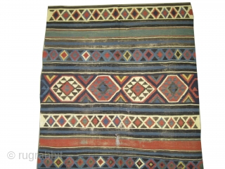 
Fragment Shirvan Caucasian kelim woven circa 1870 antique, collectors item, 153 x 267 cm, ID: SA-1203
Reduced from length/up part, vegetable dyes, the black knots are oxidized, finely woven with hand spun wool,  ...