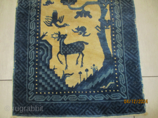 Chinese, knotted circa 1905 antique, 65 x 130 cm, ID: KZM-7
Thick pile, the knots are hand spun wool, ivory background.             