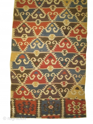 

Fragment Kelim Anatolian, woven circa in 1860, antique, collector's item, 247 x 75 (cm) 8' 1" x 2' 6"  carpet ID: CC-14
Woven with hand spun wool, geometric design.    
