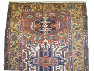 	

Karadja Persian. Semi-antique, Size: 215 x 145 (cm) 7' 1" x 4' 9" 
 carpet ID: K-4128
Vegetable dyes, the black color is oxidized, the knots are hand spun wool, the shirazi borders  ...