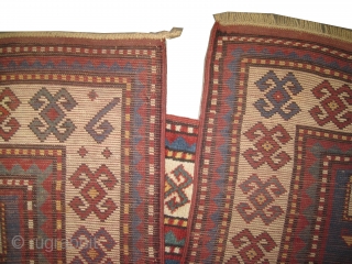 
Karatchop-Kazak Caucasian double prayer, knotted circa in 1890 antique, collector's item, 255 x 120 (cm) 8' 4" x 3' 11"  carpet ID: K-4729
The background color is sky blue, the surrounded large  ...