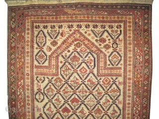 
Shirvan prayer Caucasian knotted circa in 1905 antique, collector's item.  179 x 130 (cm) 5' 10" x 4' 3"  carpet ID: V-11
Prayer design, the background color is ivory, the surrounded  ...