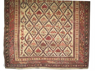 
Shirvan prayer Caucasian knotted circa in 1905 antique, collector's item.  179 x 130 (cm) 5' 10" x 4' 3"  carpet ID: V-11
Prayer design, the background color is ivory, the surrounded  ...