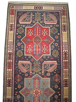 


Meshgin Persian, knotted circa in 1950, semi antique, 286 x 104 (cm) 9' 5" x 3' 5" carpet ID: HWB-2
Akstafa design, the three medallions are surrounded with peacocks, the center is slightly  ...