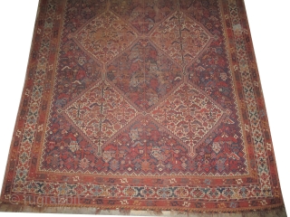 Shiraz-Khamse Persian knotted circa 1900 antique. 328 x 224cm  carpet ID: P-5741
The black knots are oxidized. The knots, the warp and the weft threads are hand spun lamb wool. The background  ...