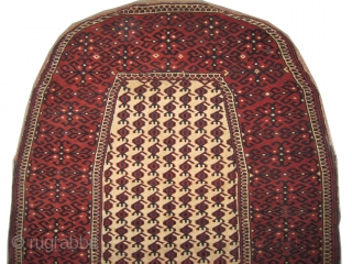 	

 Horse cover Yemouth Turkmen dated 1314 = 1896 antique. Collector's item with Islamic inscriptions. Size: 106 x 98 (cm) 3' 6" x 3' 3"  carpet ID: K-5210
The knots are hand  ...