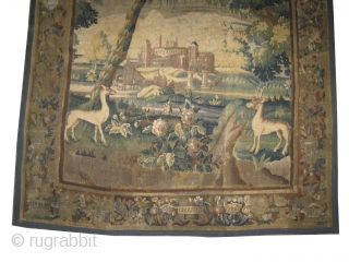 
Flemish Tapestry , 18 century, antique.  261 x 223 (cm) 8' 7" x 7' 4" Carpet ID: A-800
Woven with hand spun wool in good condition.       