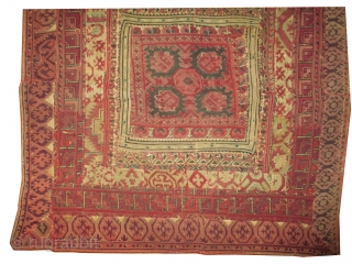 
Greek Iland patchwork, woven circa 1870 antique, collectors item, museum standard, 59 x 61 cm  carpet ID: PT-2
Embroidered with hand spun silk and cotton, in perfect condition.
     