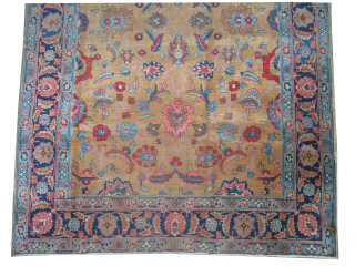 

Tabriz Persian knotted circa 1925 antique, 178 x 263 cm, ID: P-6260
The knots are hand spun lamb wool, all over floral design, the background color is light cinnamon, the surrounded large border  ...