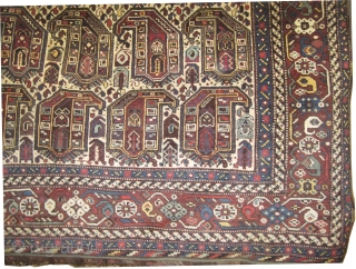 Shiraz Khamse Persian circa 1910 antique. Collector's item, Size: 277 x 177 (cm) 9' 1" x 5' 10"  carpet ID: K-5333
The black color is oxidized, vegetable dyes, the knots are hand  ...