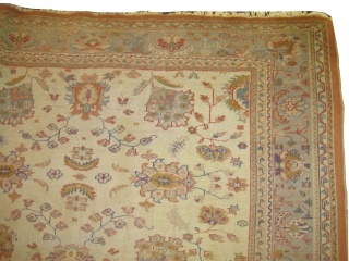 Ushak Anatolian circa 1905 antique. Size: 337 x 248 (cm) 11' 1" x 8' 2"  carpet ID: P-6006
The background color is ivory, the surrounded large border is pistachio green, certain places  ...