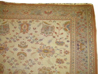 Ushak Anatolian circa 1905 antique. Size: 337 x 248 (cm) 11' 1" x 8' 2"  carpet ID: P-6006
The background color is ivory, the surrounded large border is pistachio green, certain places  ...