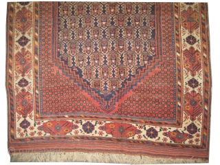 
Afshar Persian circa 1880 antique. Collector's item, Size: 237 x 143 (cm) 7' 9" x 4' 8" 
 carpet ID: T-566
the brown color is oxidized, vegetable dyes, the knots are hand spun  ...