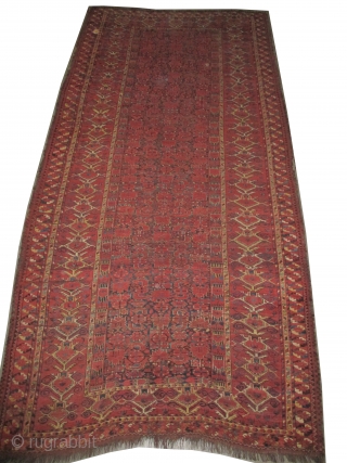 

Beshir Turkmen knotted circa in 1860 antique, 405 x 202 (cm) 13' 3" x 6' 7"  carpet ID: P-631
The black knots are oxidized. The knots, the warp and the weft threads  ...