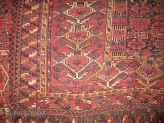 

Beshir Turkmen knotted circa in 1860 antique, 405 x 202 (cm) 13' 3" x 6' 7"  carpet ID: P-631
The black knots are oxidized. The knots, the warp and the weft threads  ...