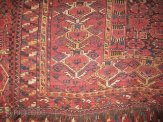 

Beshir Turkmen knotted circa in 1860 antique, 405 x 202 (cm) 13' 3" x 6' 7"  carpet ID: P-631
The black knots are oxidized. The knots, the warp and the weft threads  ...