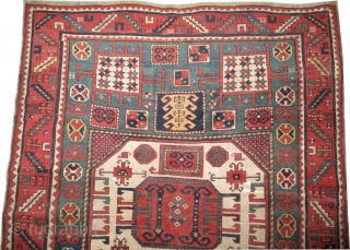 



Karatchoph Caucasian knotted circa 1860 antique, collectors item, 215 x 164 cm 
 carpet ID: NO-987
The black knots are oxidized, thick pile, the selvages are woven on two lines with wool.
  